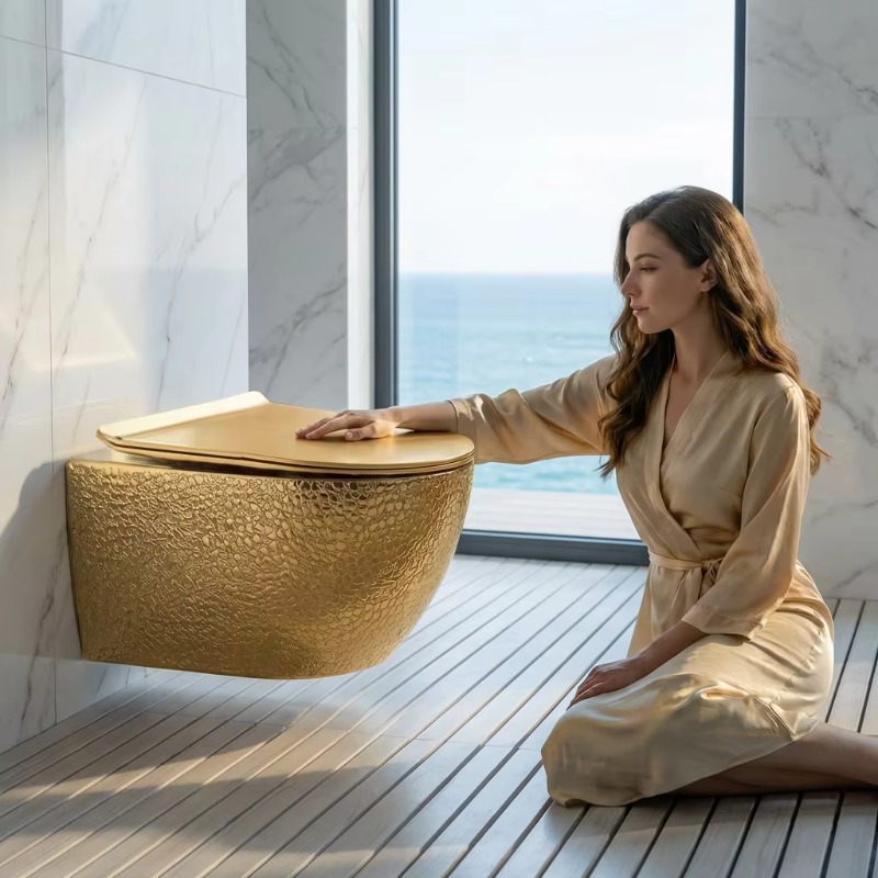 P & C Home Textiles Usa - Безбаковый настенный золотой унитаз, сантехника для